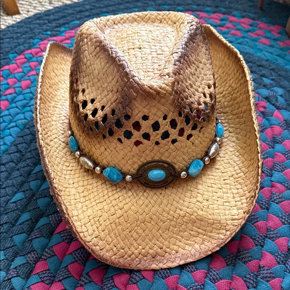 Straw Cowboy Hat with Turquoise Accents